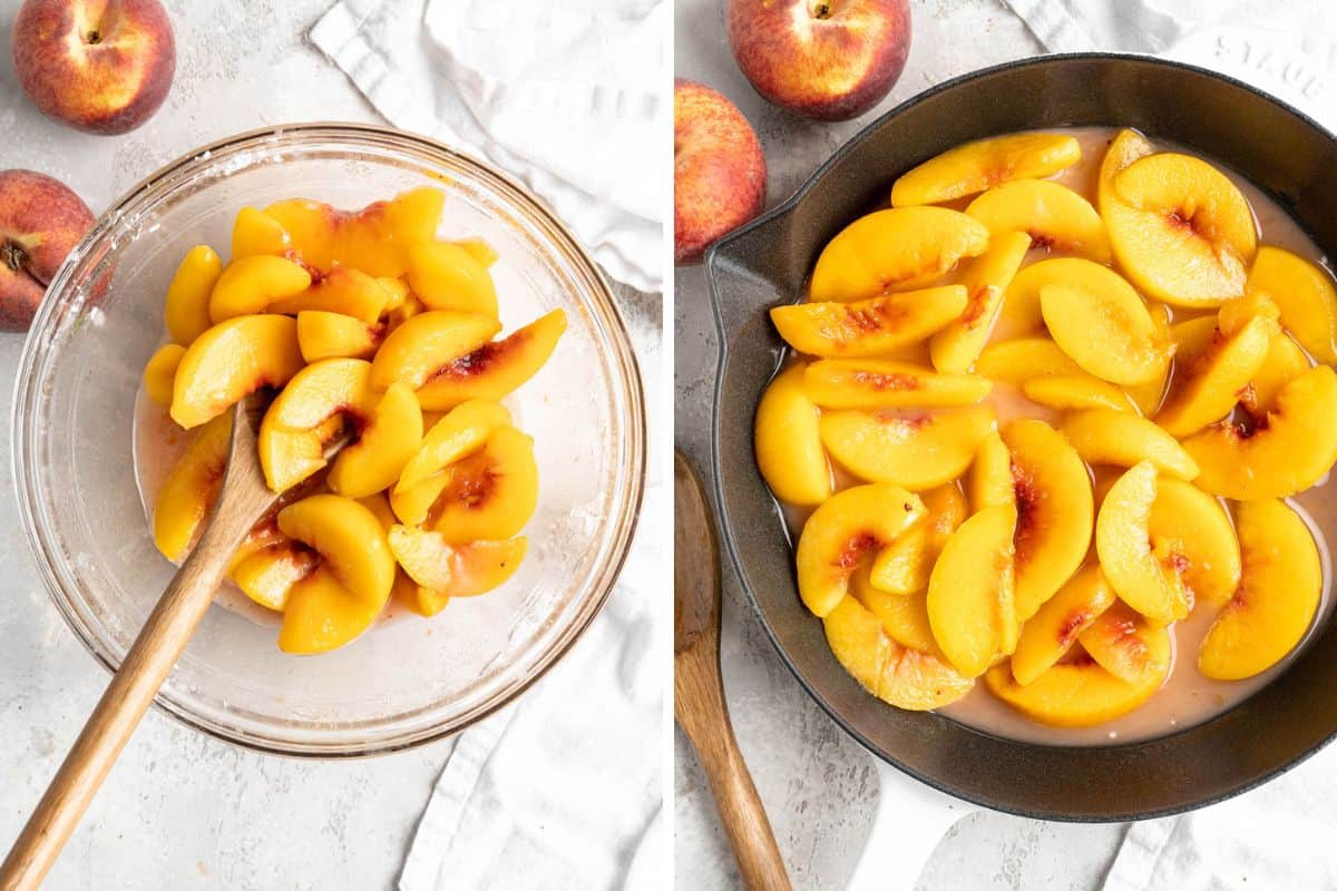 A collage of fresh peaches sliced and being stirred with sugar and other ingredients then added to a cast iron skillet to make a recipe for peach crisp