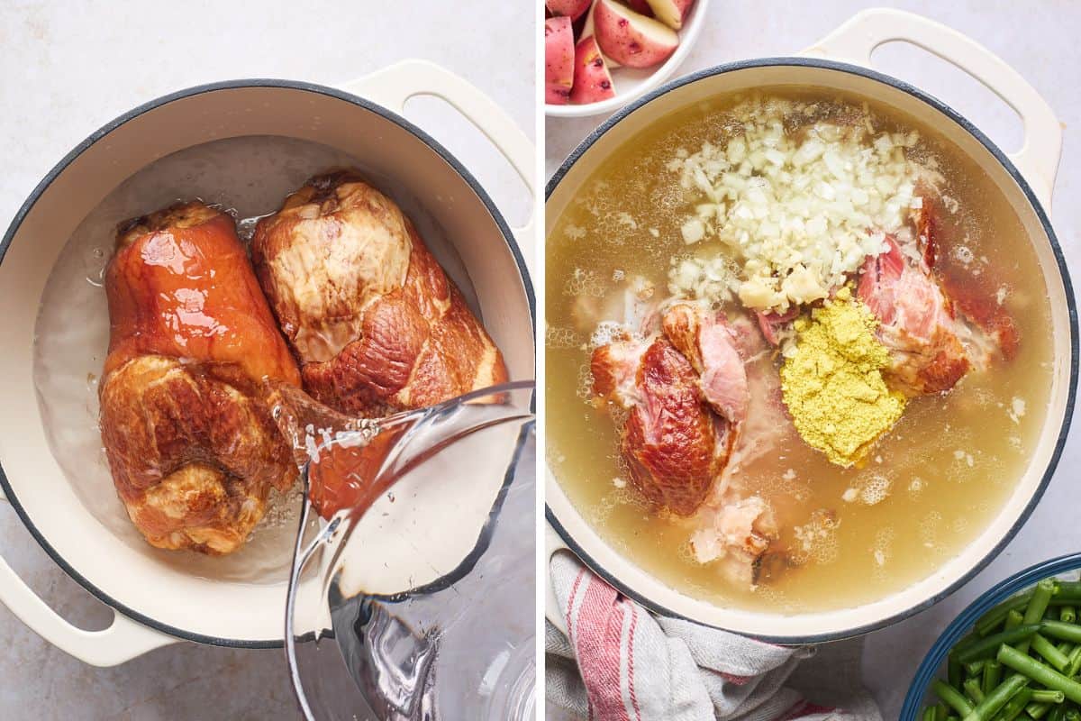 a collage of smoked turkey in a large pot with water being poured in along with onions, garlic and seasonings being added to it