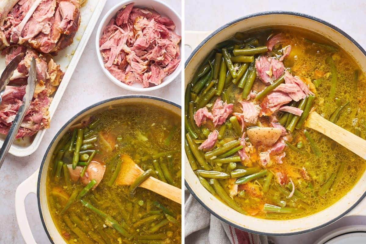 a collage of southern string beans in a pot with smoked turkey being added to pot and then being stirred together