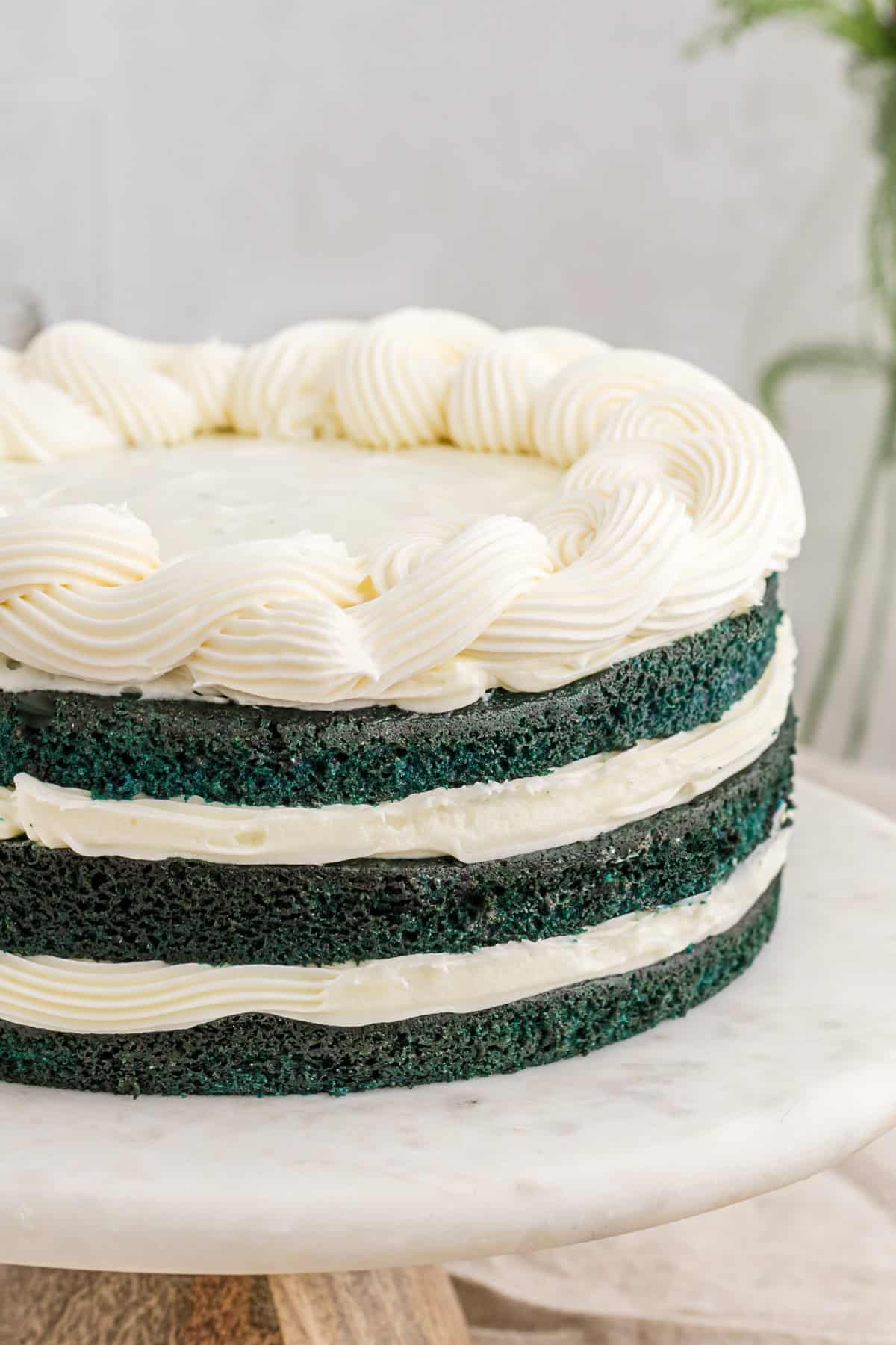 velvet cake iced with cream cheese frosting ready to serve