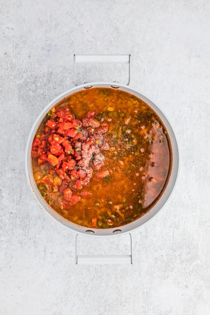Broth and tomatoes in a pot with spices to bring to a boil