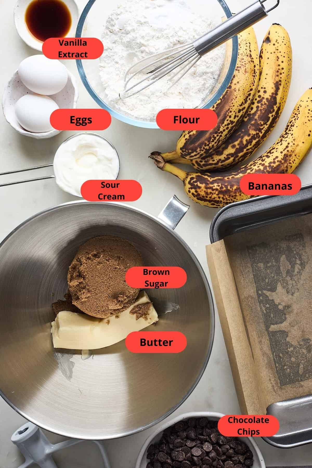 Chocolate chip banana bread ingredients in separate bowls