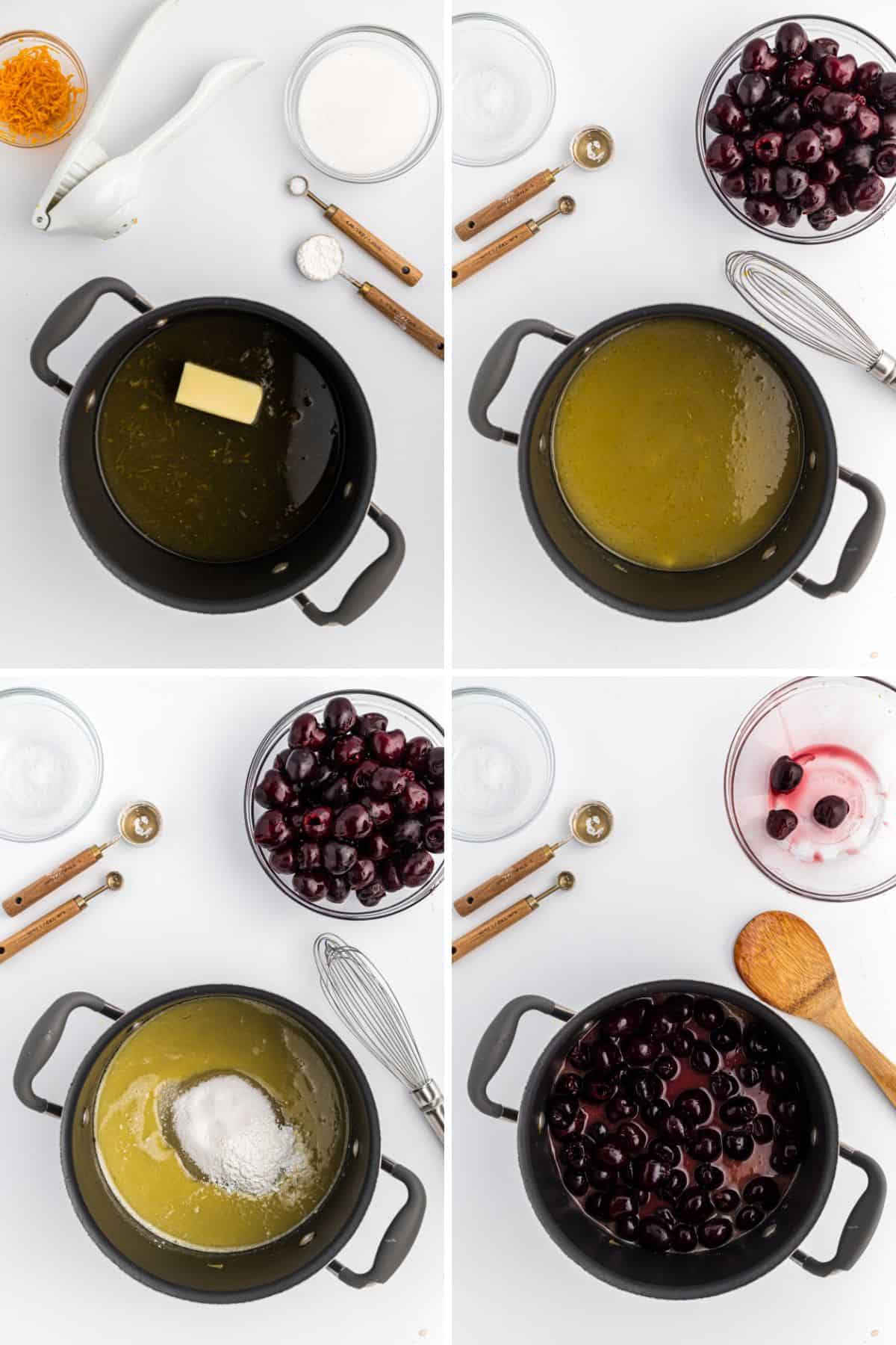 a collage of butter being added to a pot along with butter melted and ingredients stirred in to make cherry jubilee