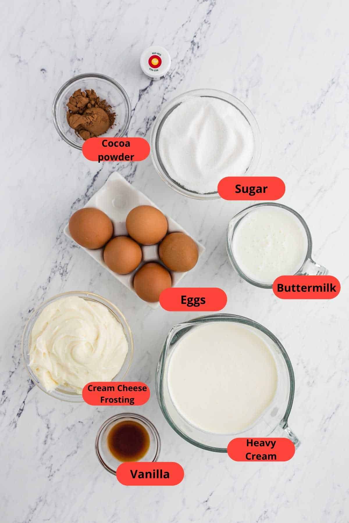 Several ingredients in small glass bowls to make an ice cream recipe