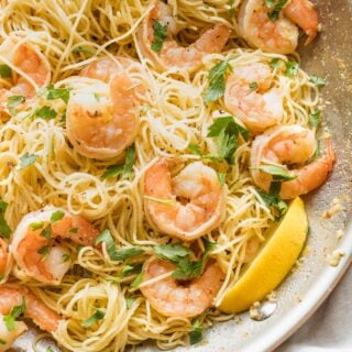 A close up of easy shrimp scampi in a pan after cooking ready to serve