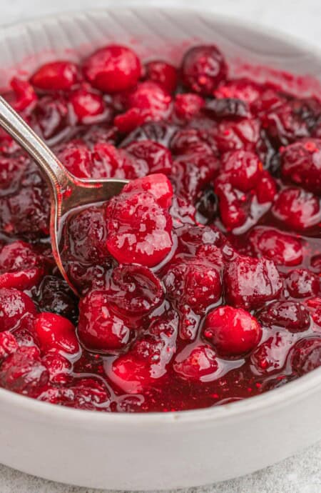 A spoon in a white bowl of fresh cranberry sauce recipe.