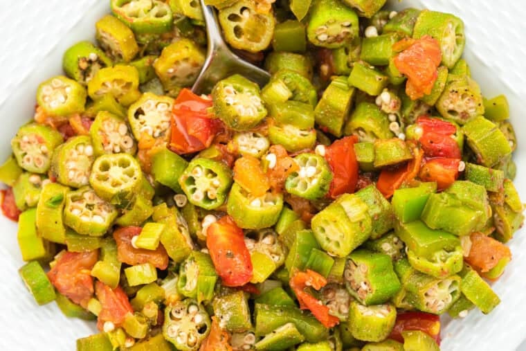 Southern okra and tomatoes in a white plate