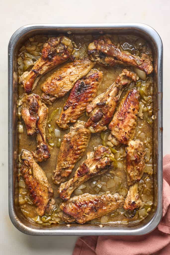 baked turkey wings in a baking dish