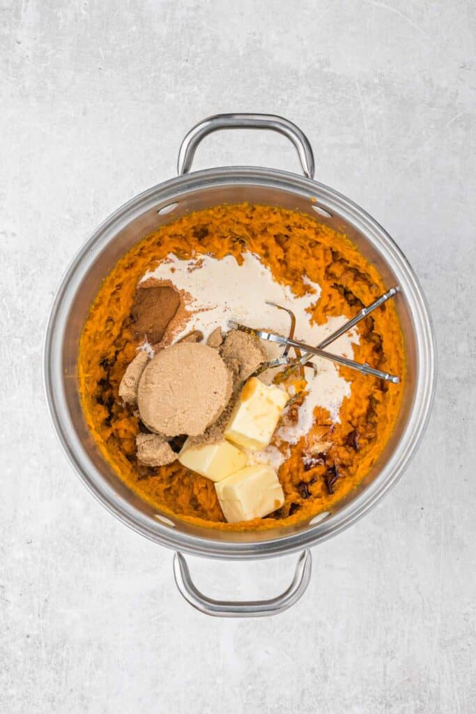Ingredients for southern sweet potato casserole in a pot.