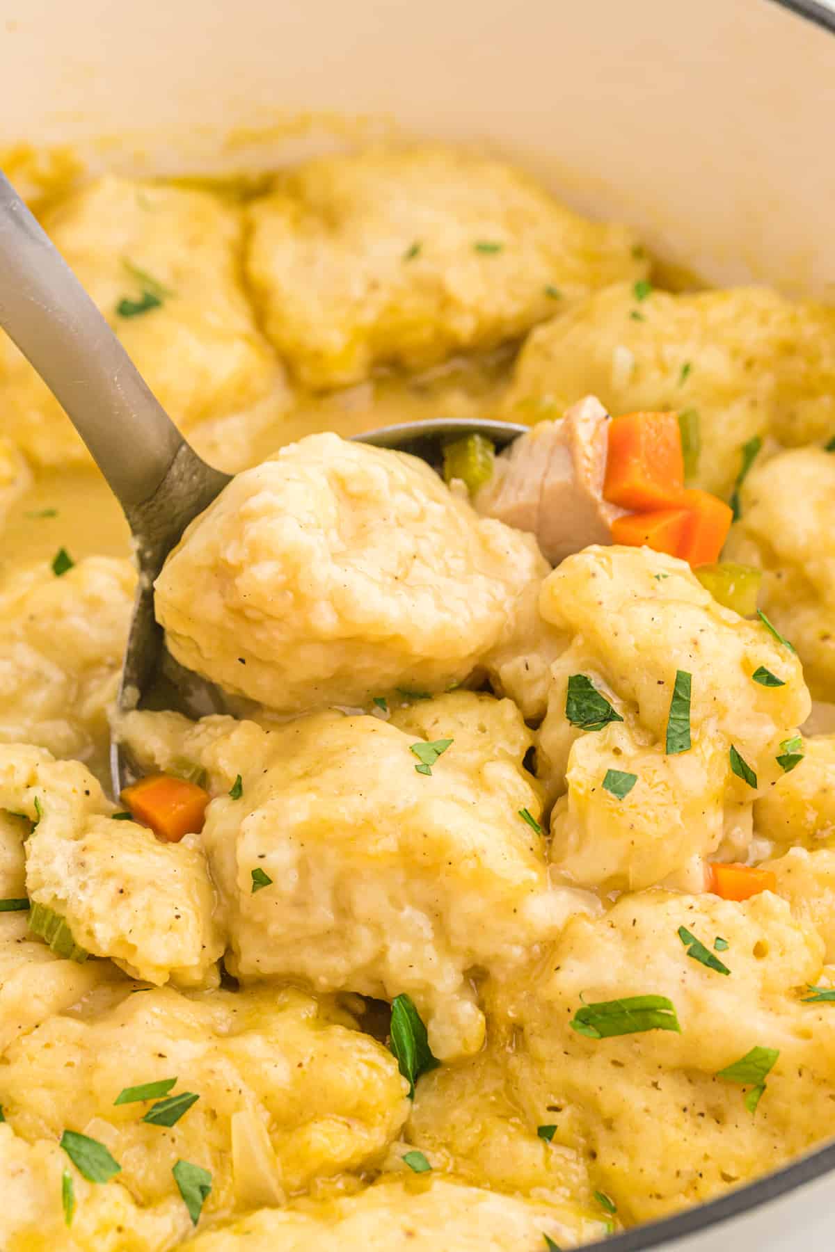 A large pot of turkey and dumplings ready to enjoy