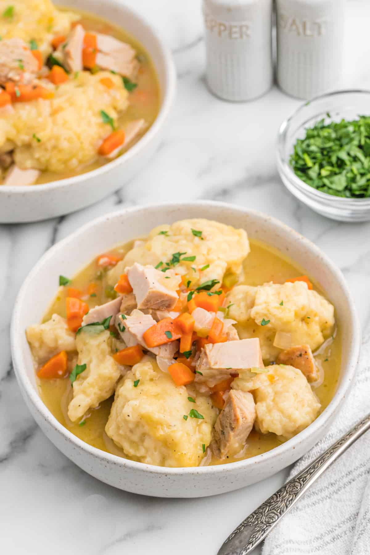 Two large bowls of turkey and dumplings ready to serve