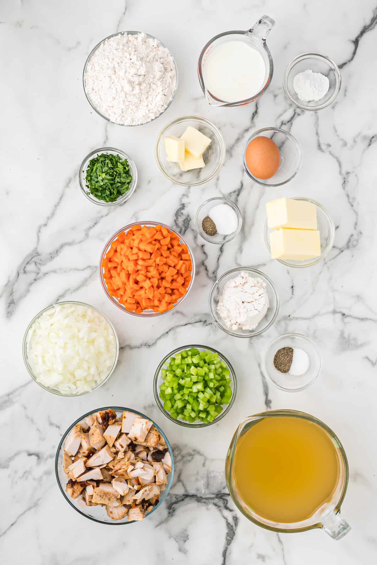 Roast turkey, carrots, onions, celery, butter, spices and flour to make dinner recipe