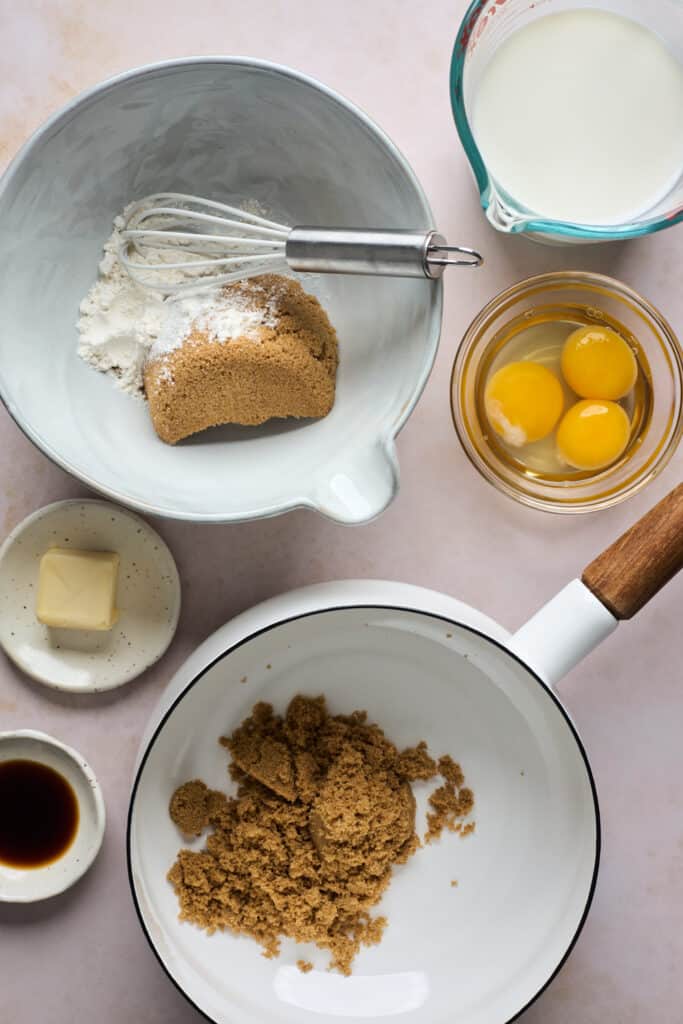 ingredients separated and placed in a sauce pan and bowls