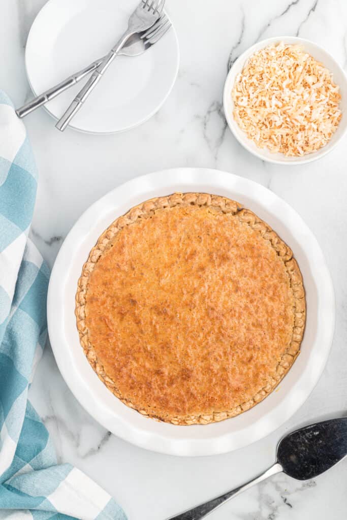 A homemade toasted coconut pie in a white pie plate.