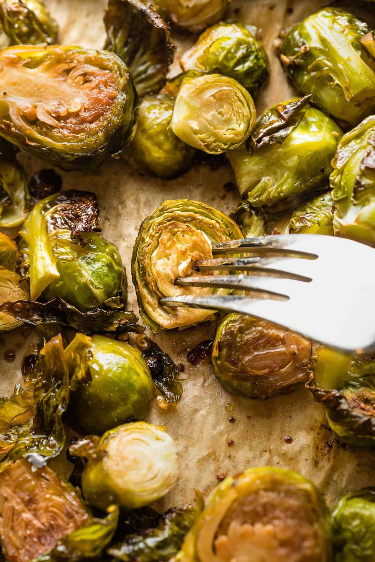 Close up of roasted brussels sprouts with a fork poking into one