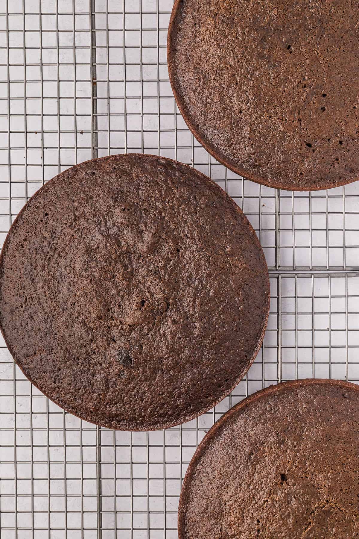 Three chocolate cake layers resting on wire racks