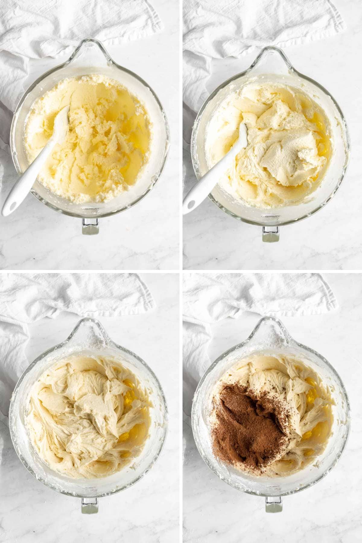 Collage of images showing the mixing of the cake batter.