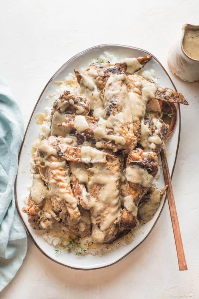 overhead of a platter full of smothered turkey wings