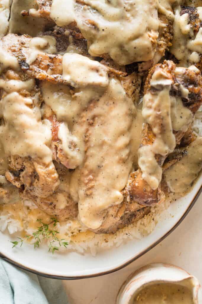 platter full of smothered turkey wings and rice