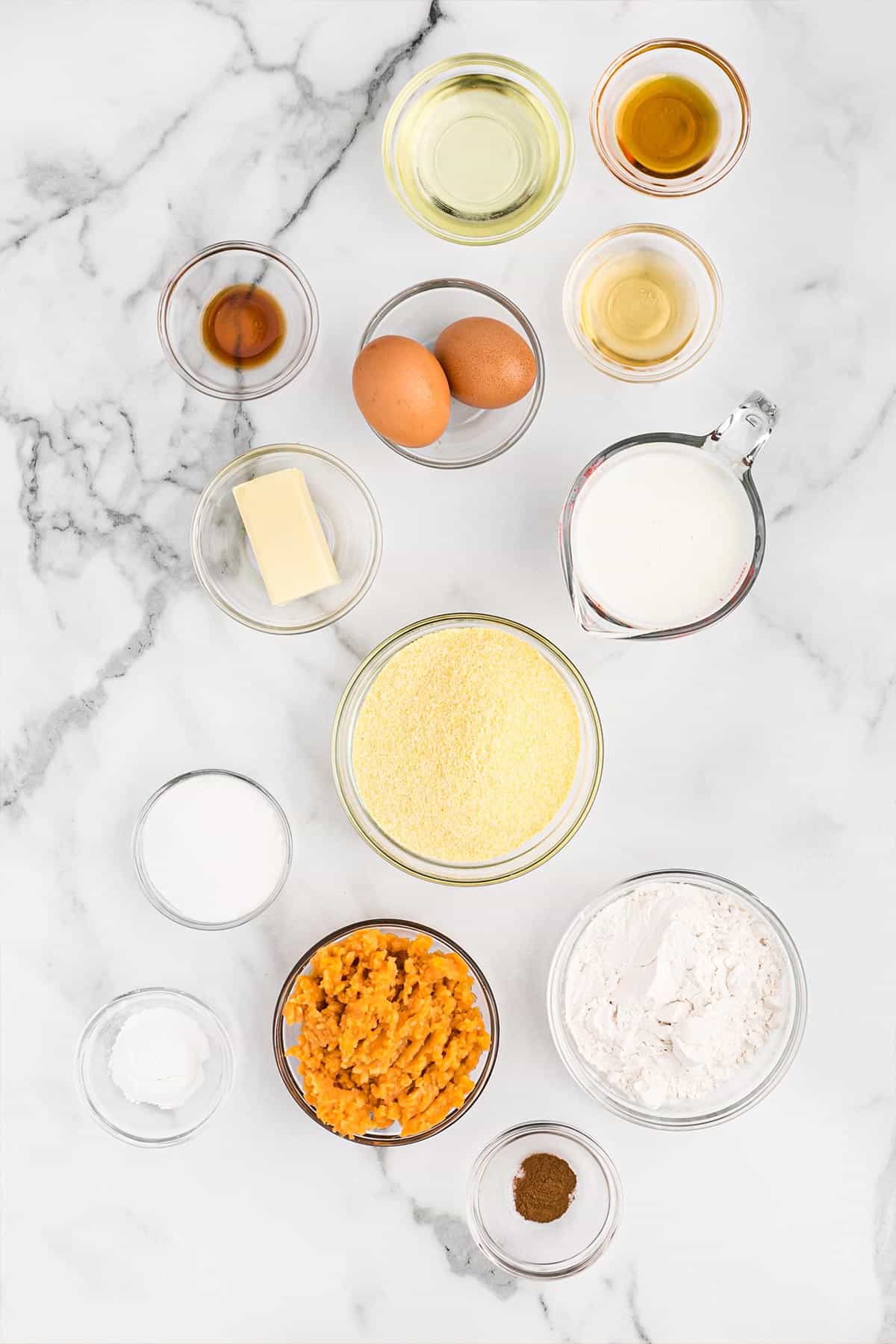 Ingredients to make sweet potato cornbread on the table.