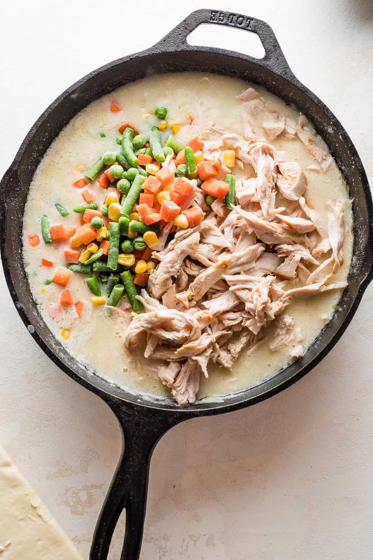 Turkey and frozen veggies added to gray for turkey pot pie filling.