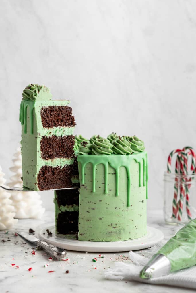 mint chocolate cake with a large slice being taken out