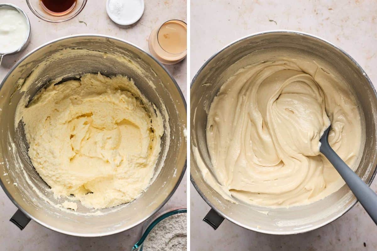 A collage of images showing the butter and sugar mixed together and then after the flour is added.
