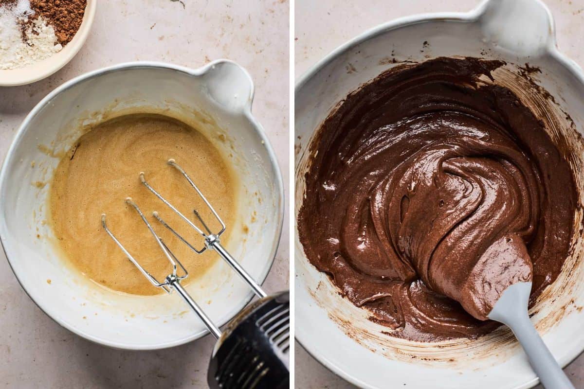 Collage with an image of melted butter and sugar in a bowl and then the mixed brownie batter.