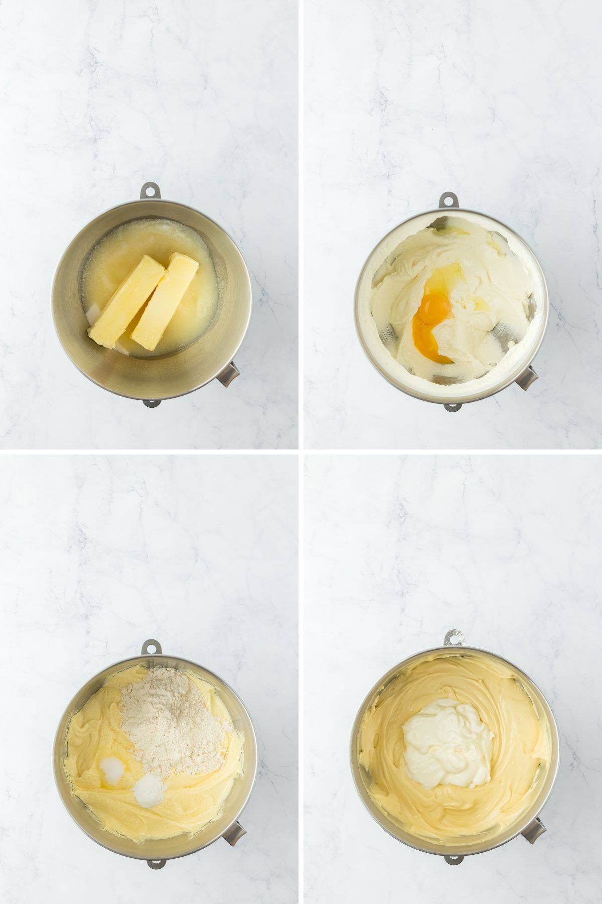 A collage of yellow cake batter being made with butter and sugar being creamed and eggs, sour cream and flour being added