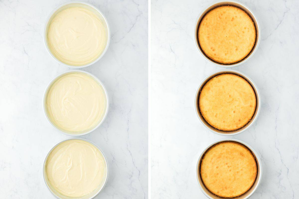A collage of cake batter split between three cake pans before and after baking until golden