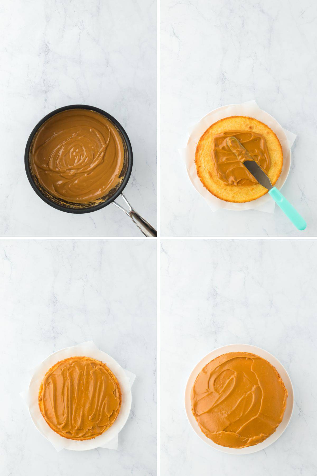 A collage of southern caramel icing finished in a pot before icing on yellow cake layers and assembling