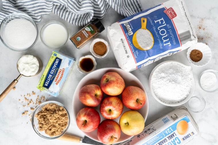 Gala apples, flour, butter and other ingredients to bake apple fritter loaf