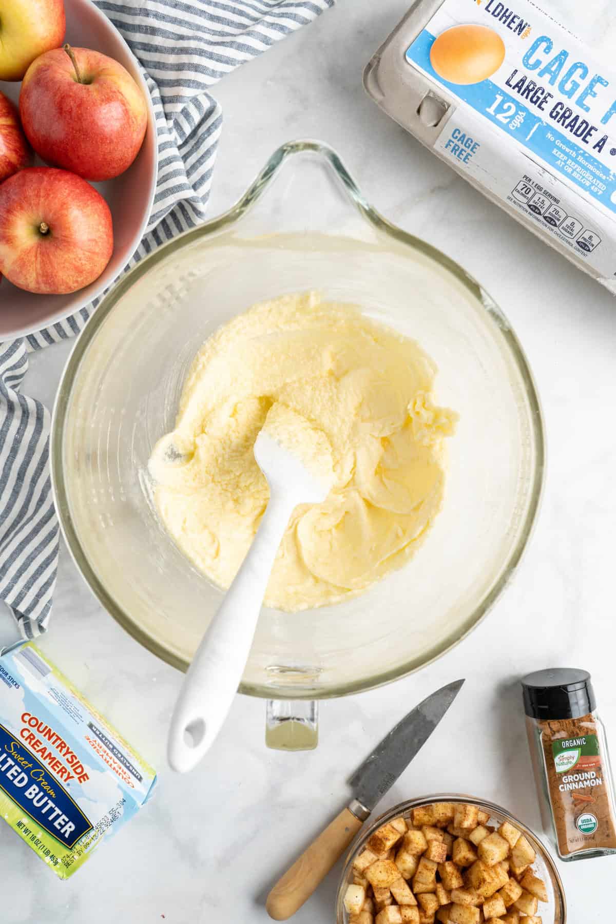 Creamed butter and sugar in a mixing bowl