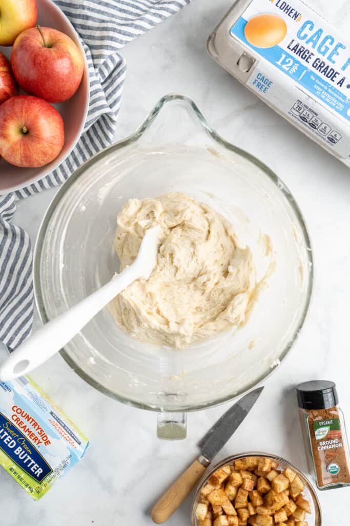 A cake batter in a clear mixing bowl