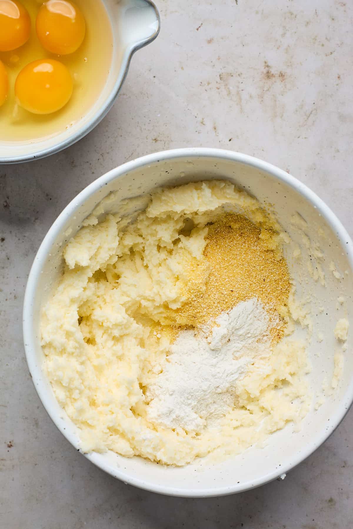 Butter and sugar creamed light and fluffy in a mixing bowl.