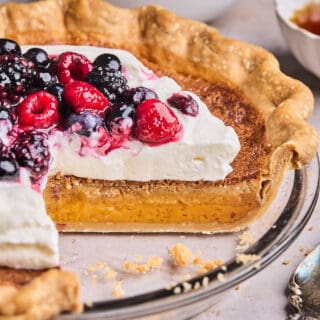 Salted Huckleberry Honey Cream Pie with a Berry sauce.