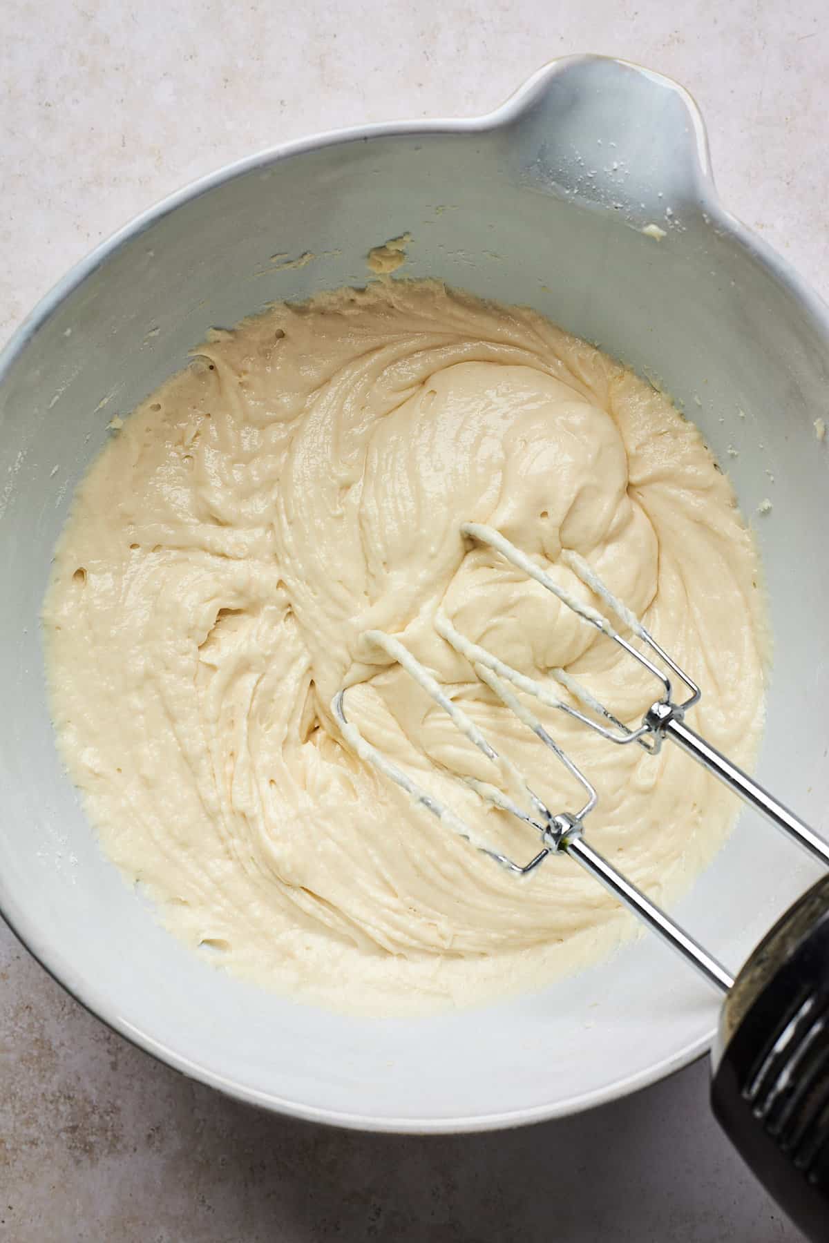 cake batter mixed in a mixing bowl