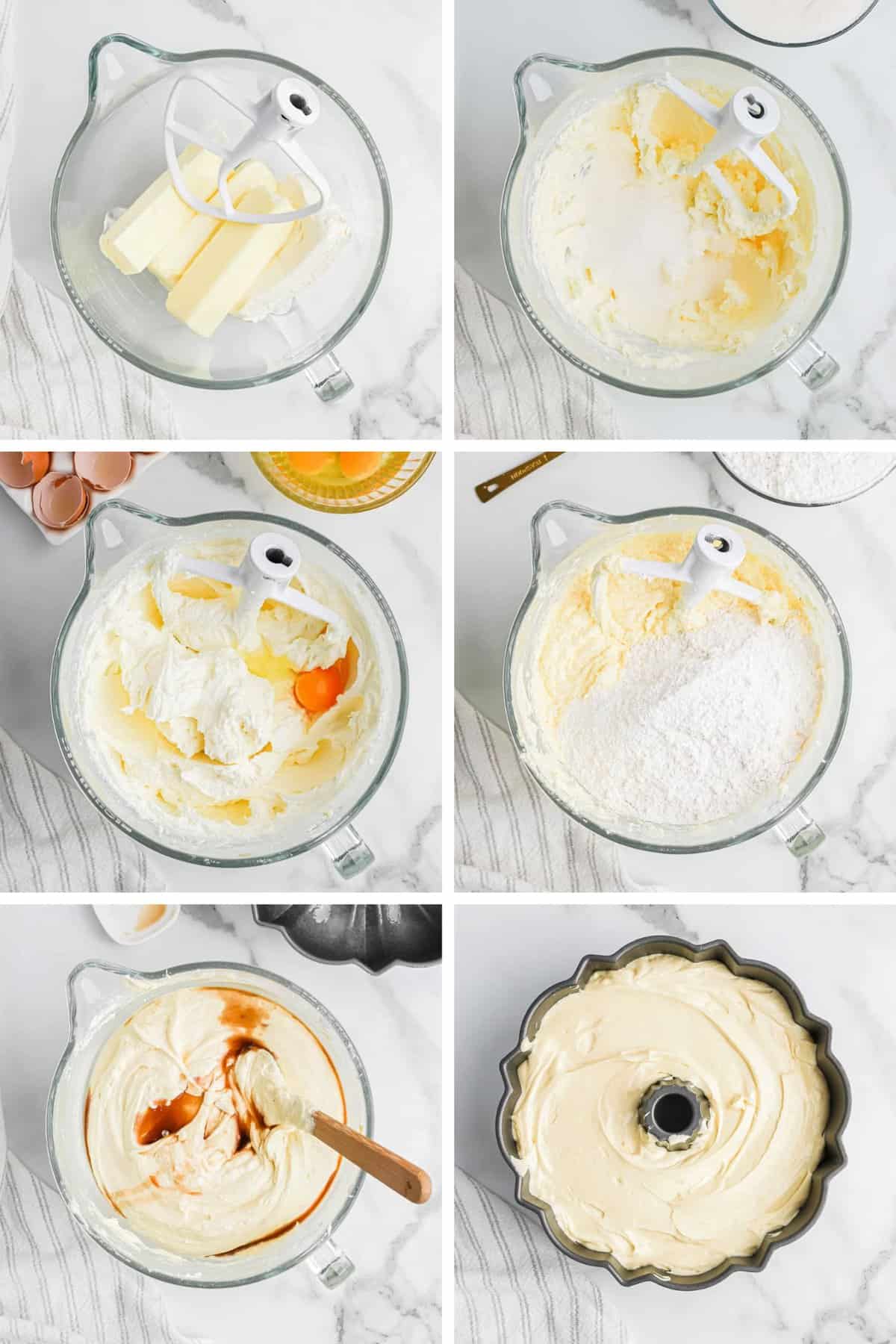 cream cheese pound cake step by step collage.