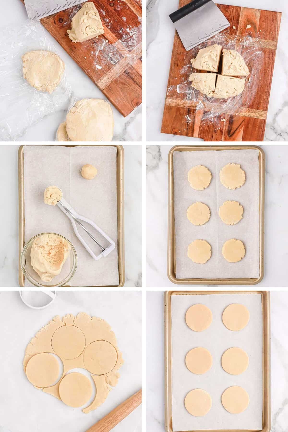 drop and cut out sugar cookie step by step process collage.