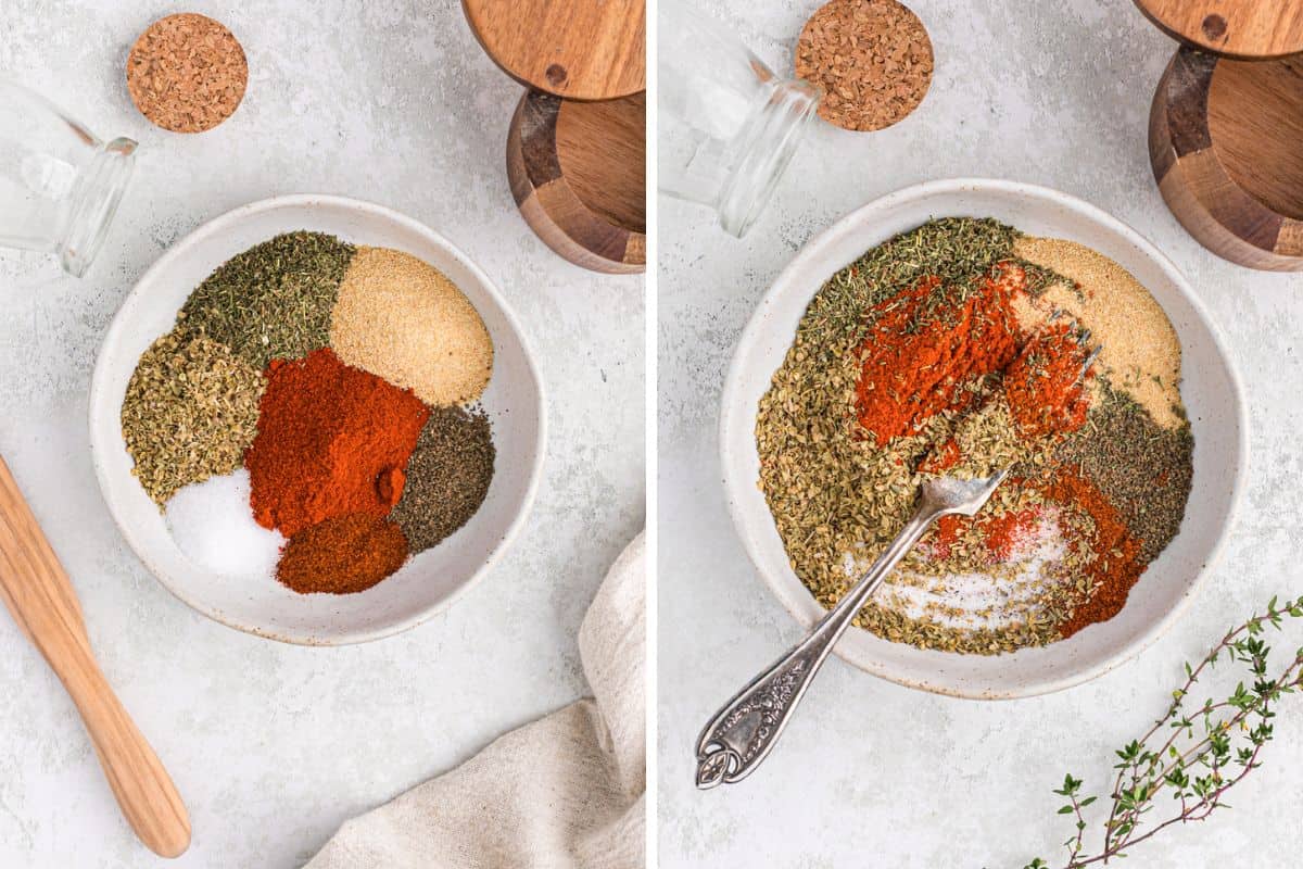 A collage of spices and seasonings added to a white bowl then mixed together