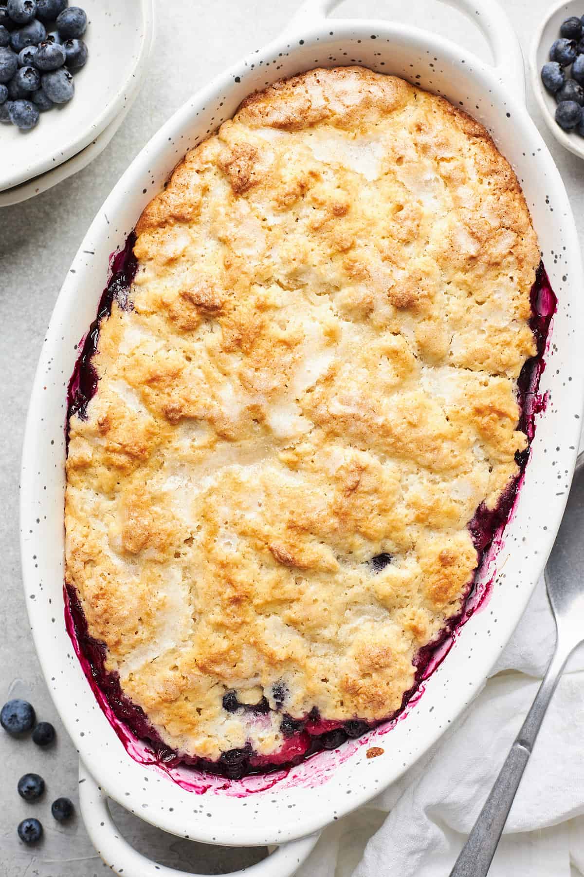 Freshly made blueberry cobbler in an oval baking dish.