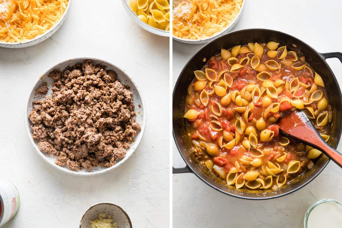A collage of ground beef after being cooked in a white bowl then shells, tomatoes and broth being stirred in a skillet on a white background