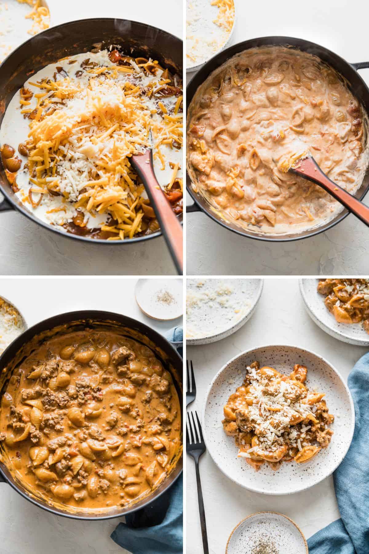 a collage of cheeses and creams being added to an easy hamburger helper recipe then stirring until its all melty then serving on a white plate with parmesan on top