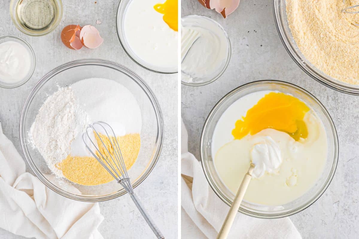 A collage of dry ingredients being mixed in a clear bowl and wet ingredients being mixed in a clear bowl to make cornbread