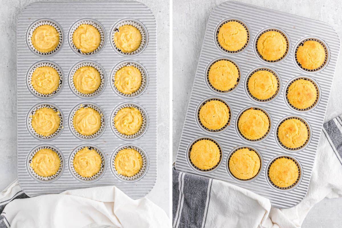 A collage of jiffy cornbread recipe batter in a muffin pan before and after baking