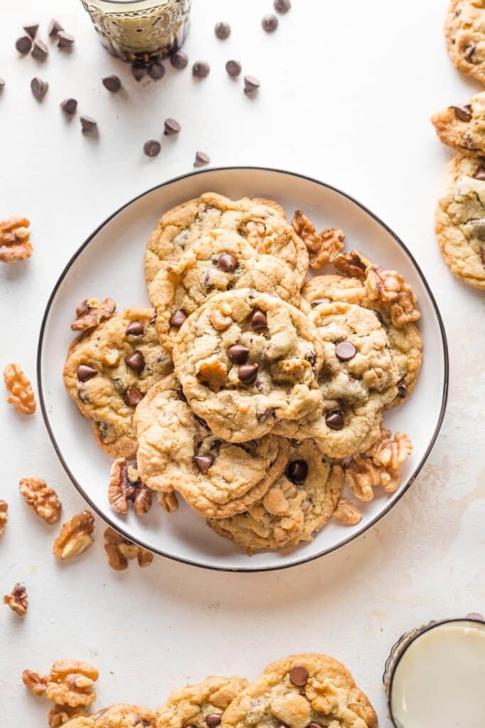 walnut chocolate chip cookies on a plate