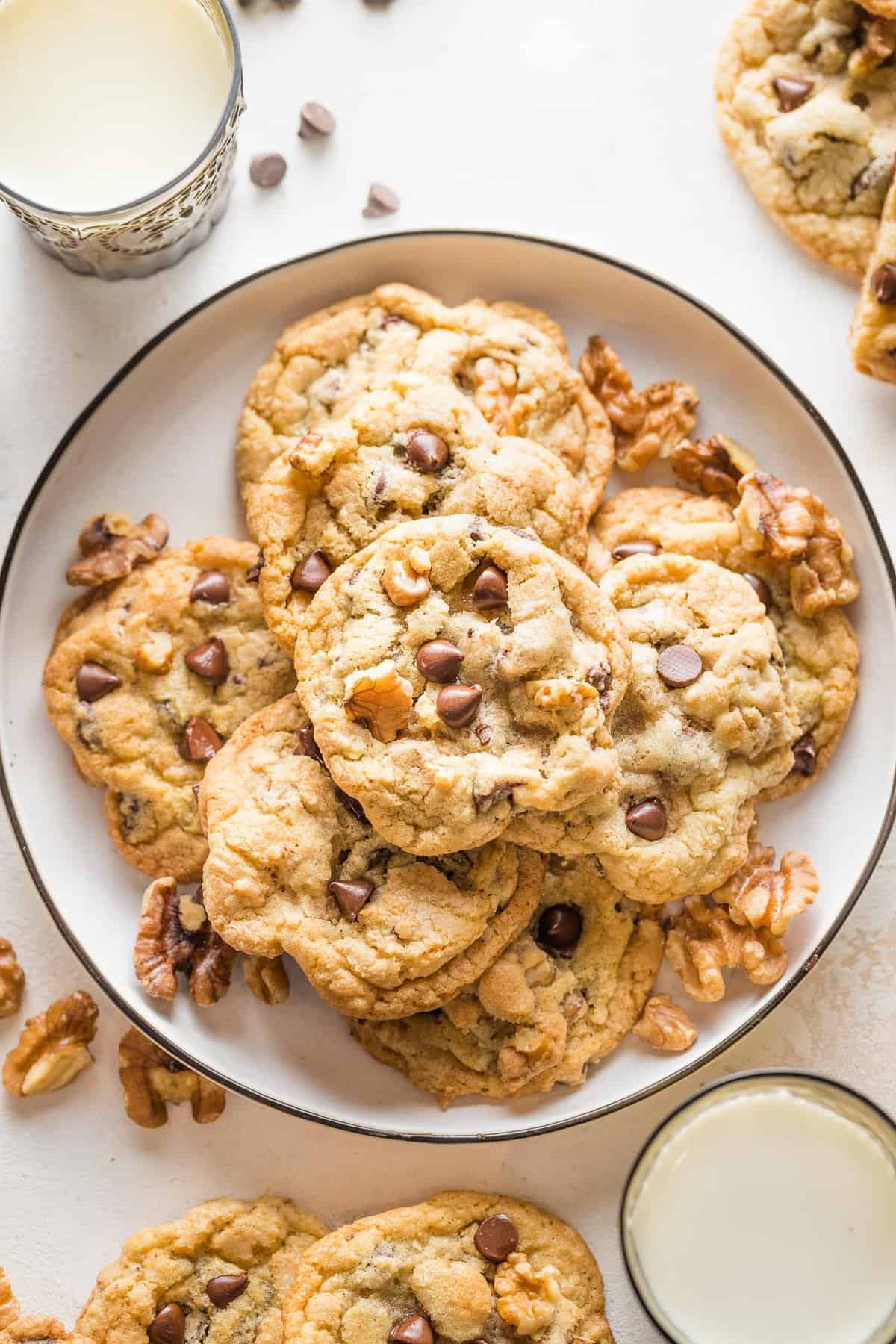 walnut chocolate chip cookies on a plate