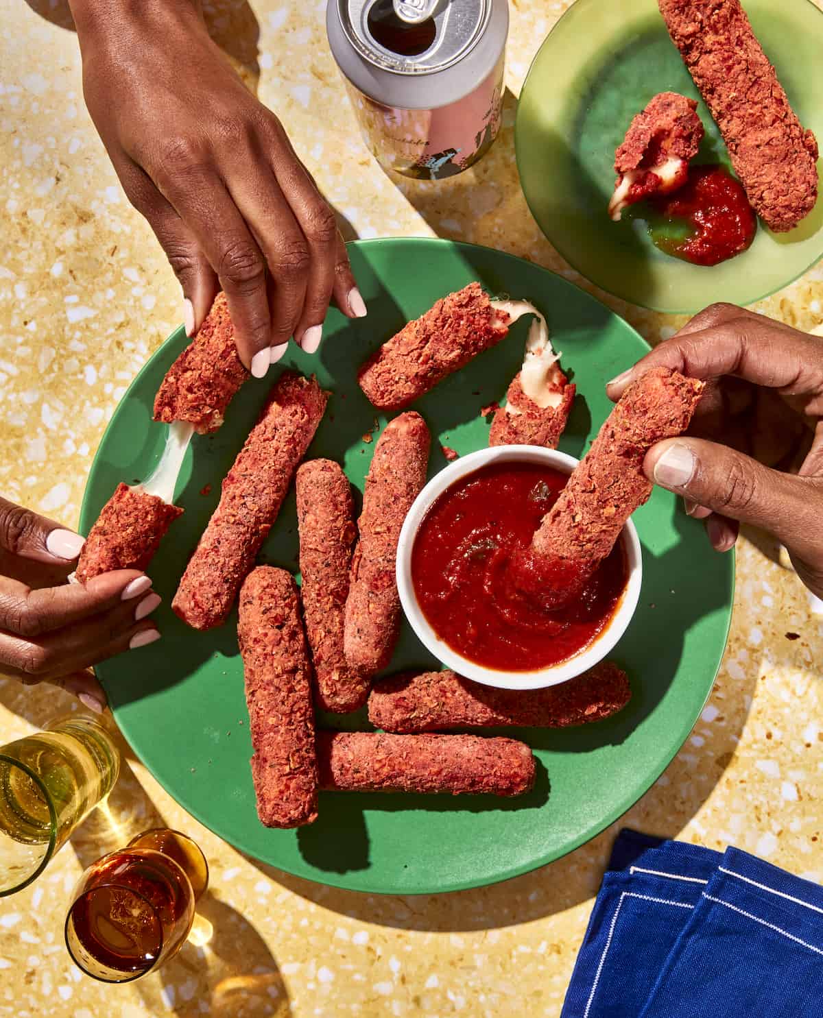 Homemade flaming hot mozzarella sticks.