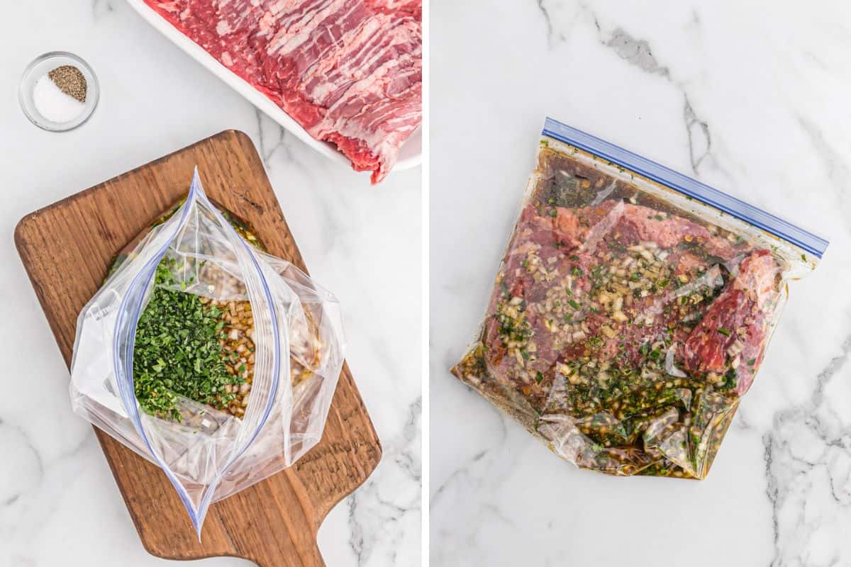 A collage of carne asada marinade mixed in a zip top bag with skirt steak next to it on white background and skirt steak inside the marinade sealed up