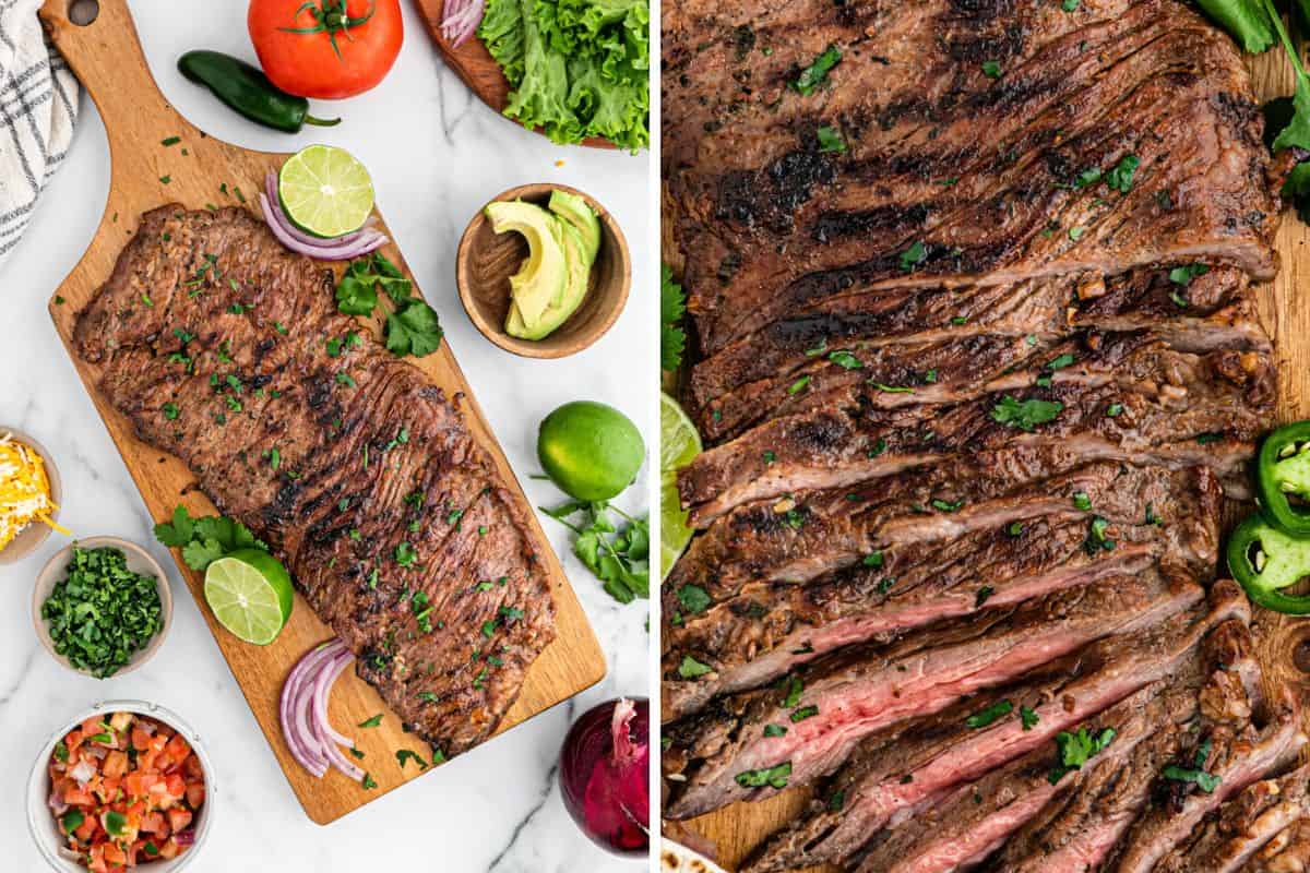 A collage of Mexican carne asada on a wooden cutting board just grilled before and after cutting against the grain